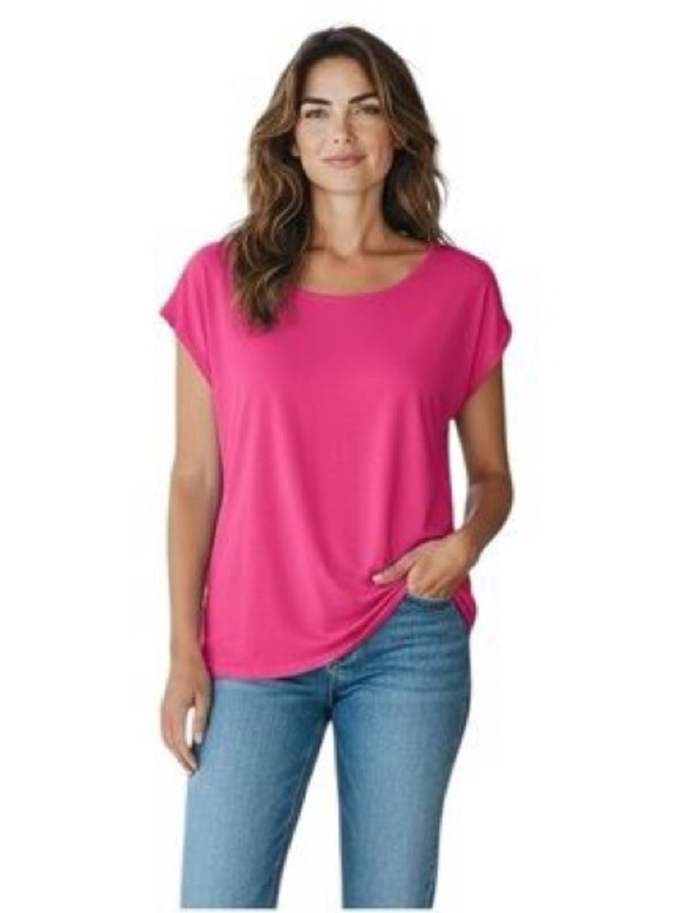 100% Silk Eileen Fisher Scoop-Neck Short Sleeve Tee in Berry Pink